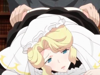 Anime maid jerks cock with her huge boobs